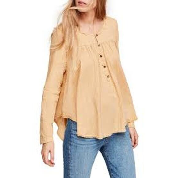 Free People Babydoll Henley Top Boho Edwardian Gauze Sand Dune Honey Size M - Picture 1 of 15